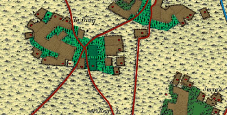cau détriment des bois résiduels de pins et de feuillus (exemple d'un quartier de la commune du Temple, d'après la carte de Belleyme) 