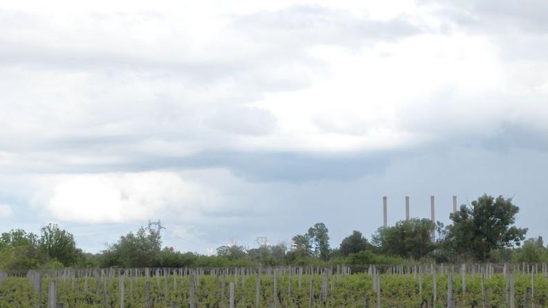 Au-delà des vignes et de la ripisylve des rives de Garonne, la centrale thermique d'Ambès est un repère fort dans le paysage - Ludon-Médoc