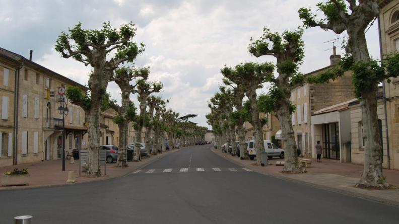 Sainte-Terre vers 1910 et aujourd'hui - Les beaux trottoirs ombragés par les platanes accueillent aujourd'hui surtout les voitures.