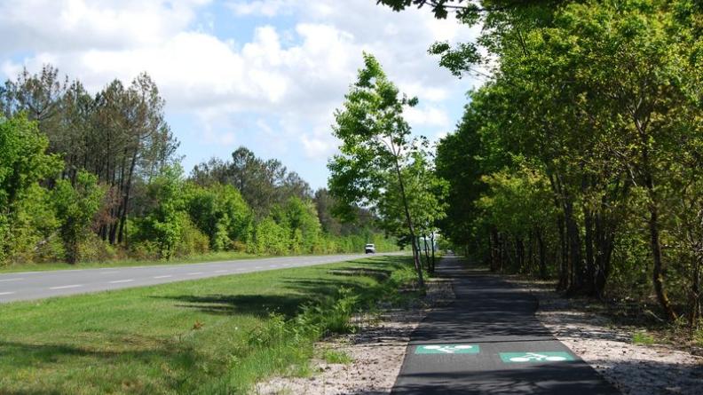 Les pistes cyclables en lisière, bénéficiant du couvert des arbres tout en étant séparées de la route - Marcheprime