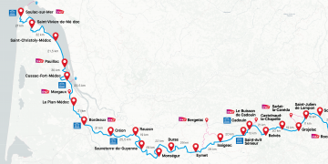 Carte du tracé du chemin d'Amadour. Le chemin démarre à Soulac-sur-Mer,  au nord-ouest de la Gironde, et se termine à Rocamadour, dans le cœur du Lot.