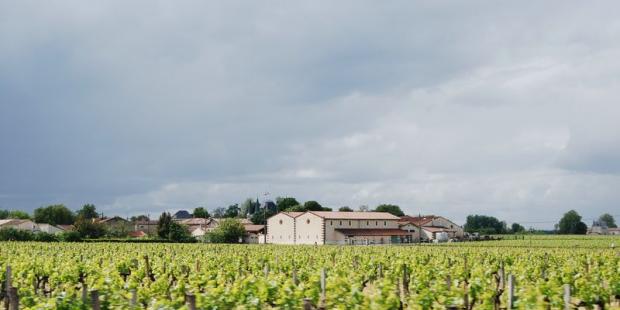 Le hameau d'Issan offre une silhouette intéressante : les chais de Château Palmer sont mis en avant tandis que les arbres forment une lisière urbaine végétale autour des habitations récentes - Cantenac