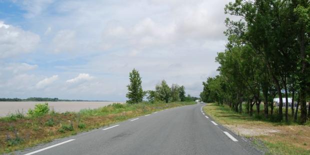 La rive bien dégagée donne à voir la Garonne et l'alignement occulte la zone d'activités - Ambès