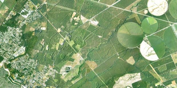 La géométrie circulaire des parcelles maïsicoles est dictée par les systèmes d'irrigation, Lanton