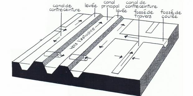 Le système de drainage du marais, d'après VIGNAU (M.), Le Blayais, pays d'Aquitaine, Bordeaux, 2004, p. 85.