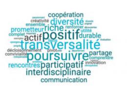 Nuage de mots : positif, transversalité, poursuivre, participatif, actif, interdisciplinaire, actif, riche...