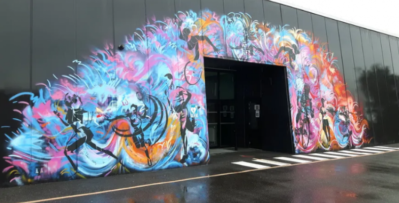 La fresque à l'entrée du gymnase de Mios