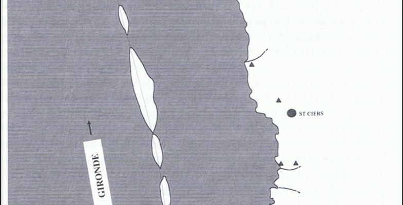 Essai de reconstitution des rivages de la rive droite de l'estuaire de la Gironde entre le Mésolithique et l'âge du Bronze, d'après COQUILLAS (D.), « Approche diachronique et évolution des marais de la rive droite de la Gironde », æstuaria, 2004, 5, p. 153. 