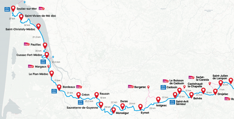 Carte du tracé du chemin d'Amadour. Le chemin démarre à Soulac-sur-Mer,  au nord-ouest de la Gironde, et se termine à Rocamadour, dans le cœur du Lot.