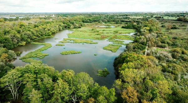 Vue drone du grand plan d'eau au nord de la Réserve